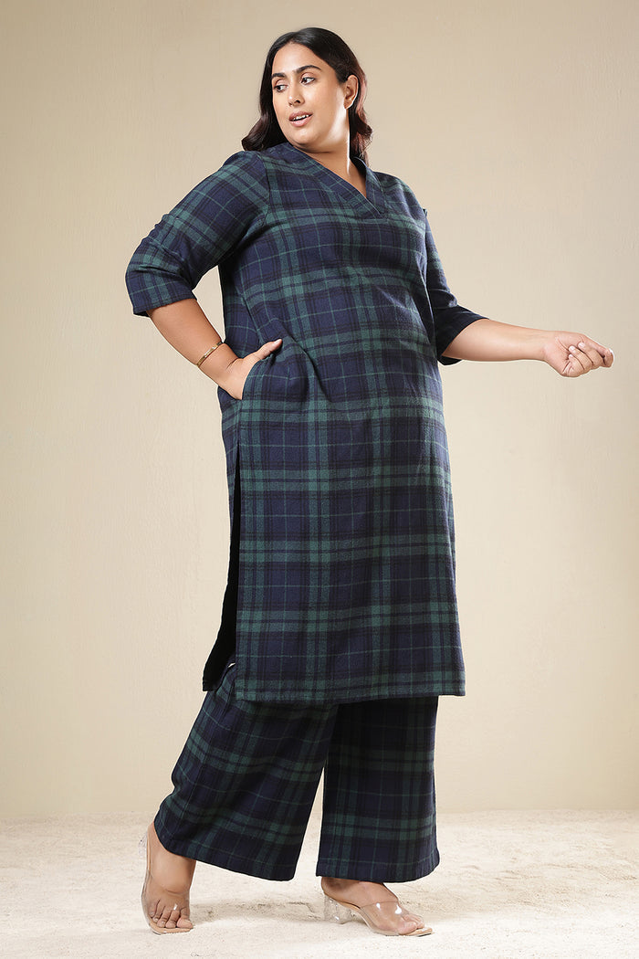 Plus Size Navy & Green Check Cotton Flannel Kurta Coord Set
