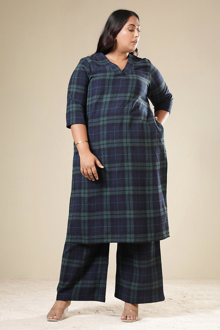 Plus Size Navy & Green Check Cotton Flannel Kurta Coord Set