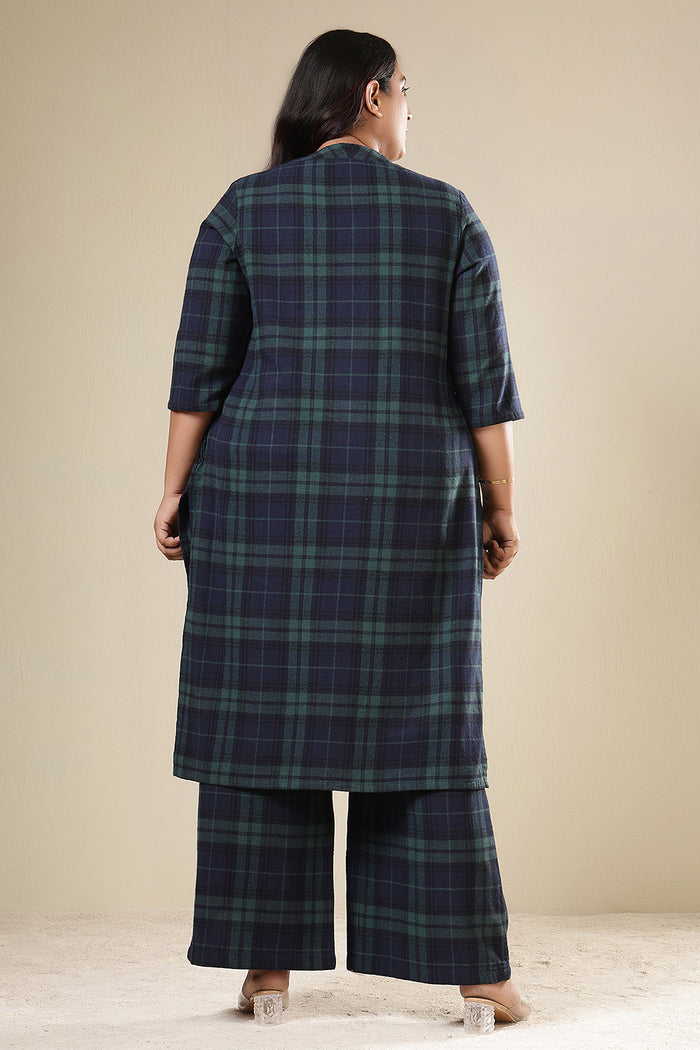 Plus Size Navy & Green Check Cotton Flannel Kurta Coord Set