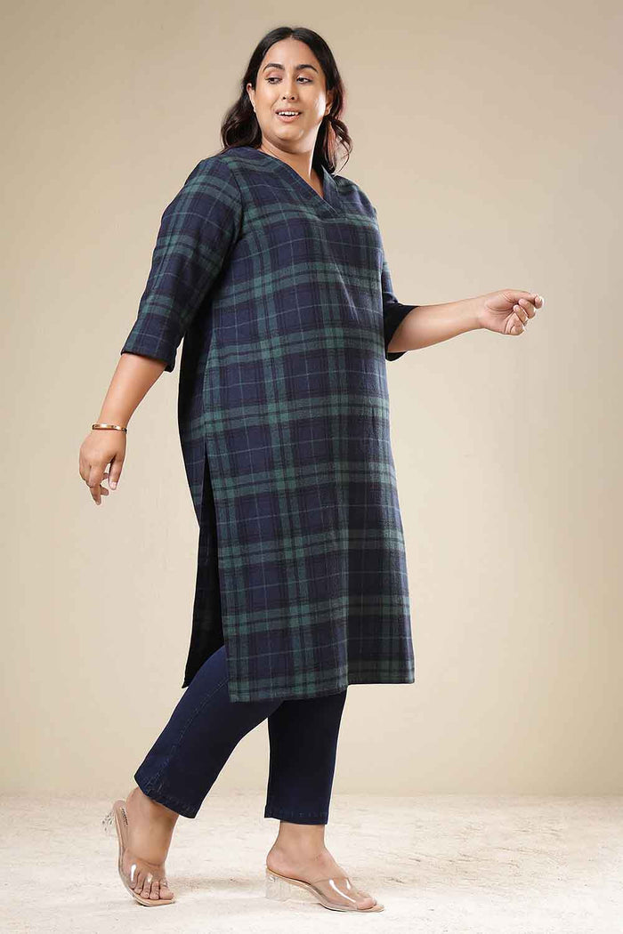 Plus Size Navy & Green Check Cotton Flannel V Neck Kurta