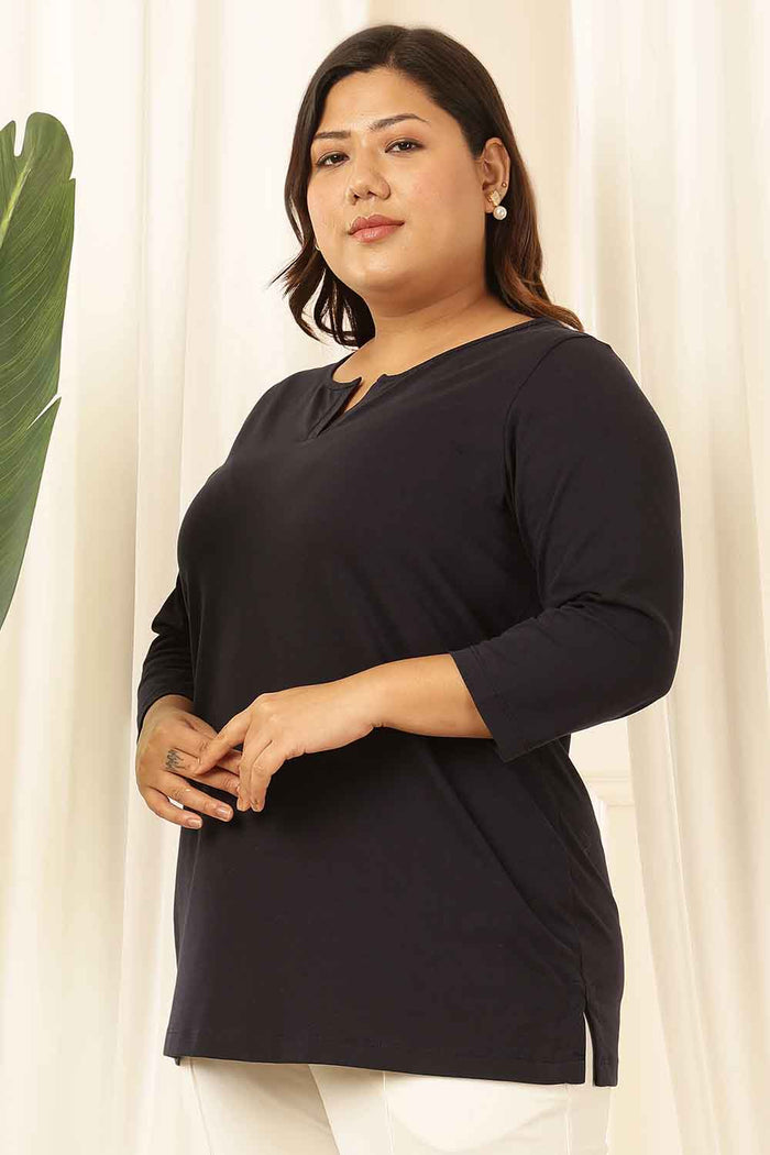 Plus Size Navy Henley Cotton Tshirt