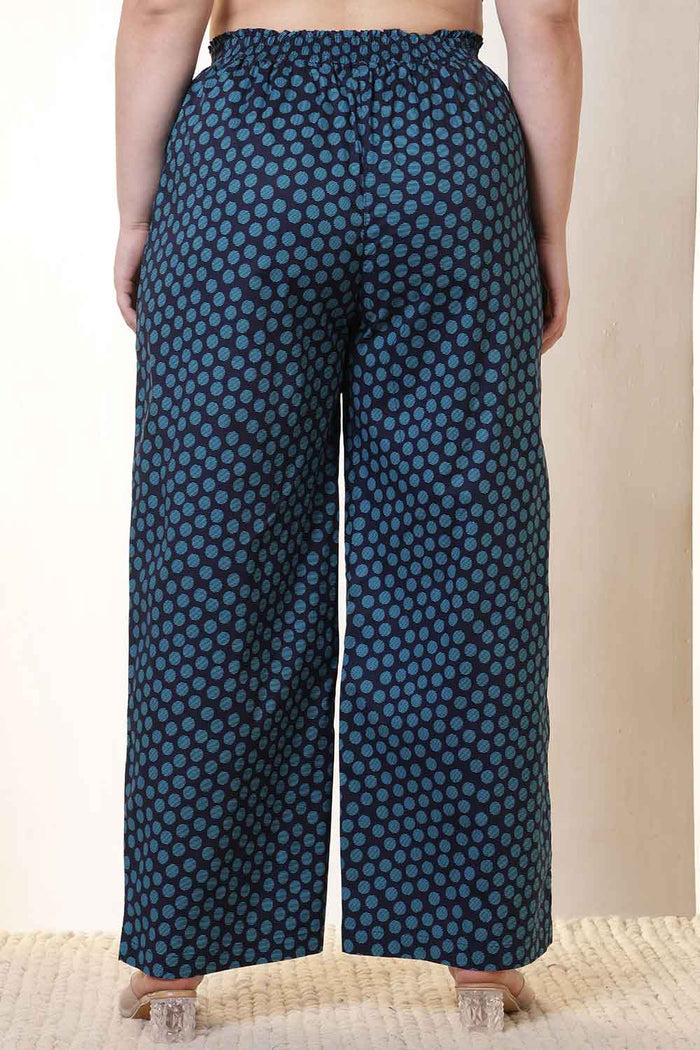 Plus Size Navy & Teal Polka Print Cotton High Waist Pant