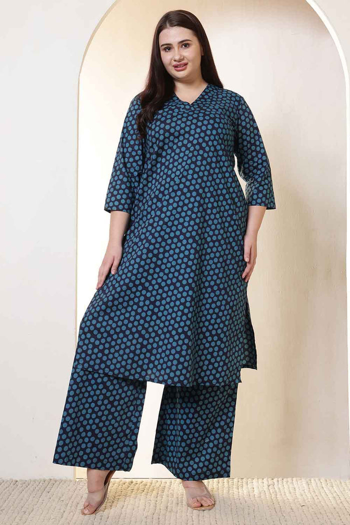 Plus Size Navy & Teal Polka Print Cotton Kurta Coord Set