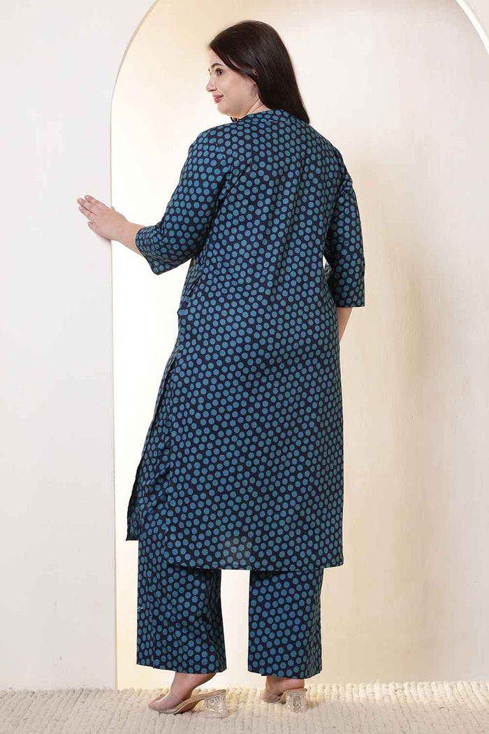 Plus Size Navy & Teal Polka Print Cotton Kurta Coord Set