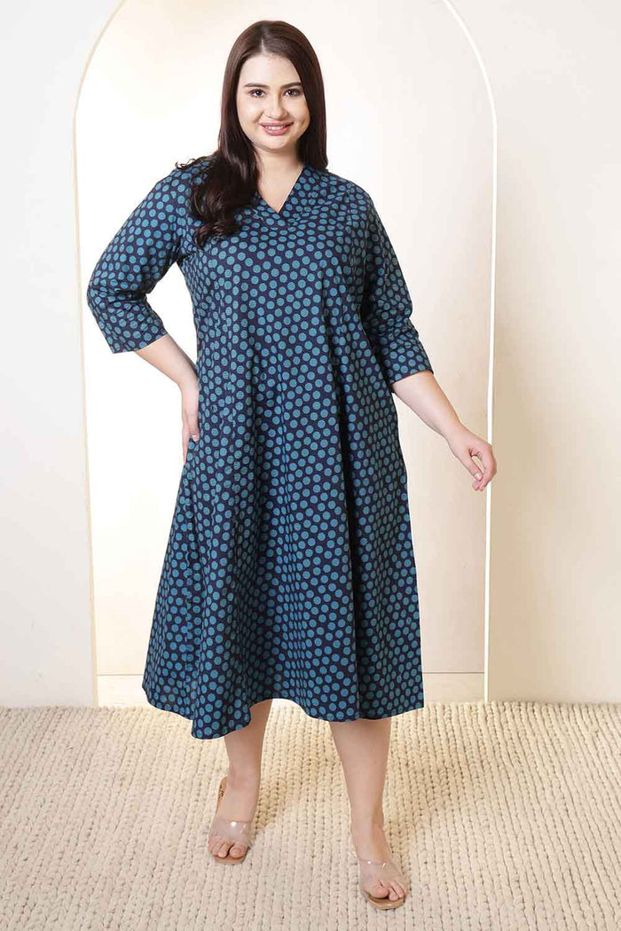 Plus Size Navy & Teal Polka Print Cotton Midi Dress
