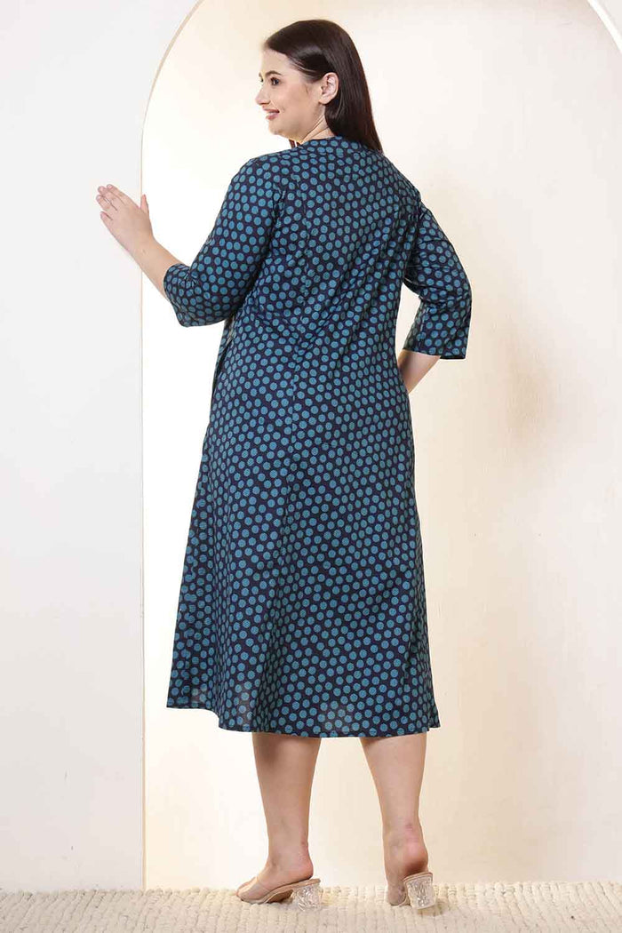 Plus Size Navy & Teal Polka Print Cotton Midi Dress