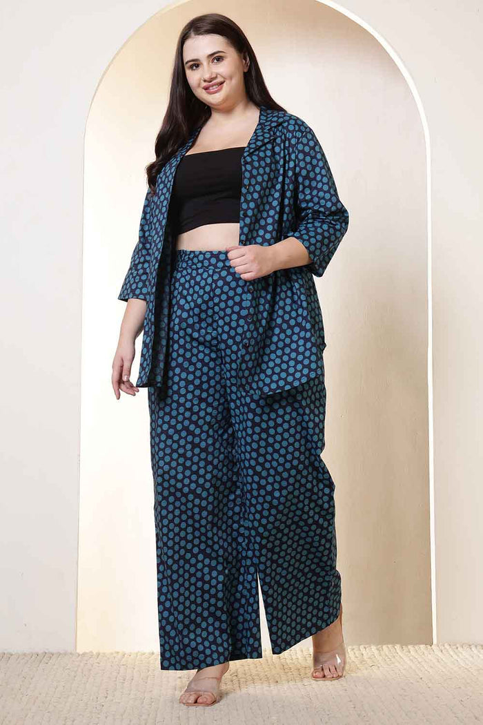 Plus Size Navy & Teal Polka Print Cotton Shirt Coord Set
