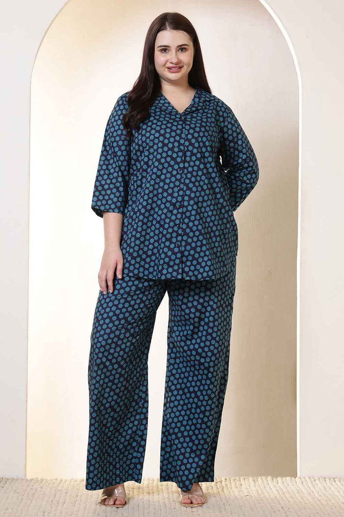 Plus Size Navy & Teal Polka Print Cotton Shirt Coord Set