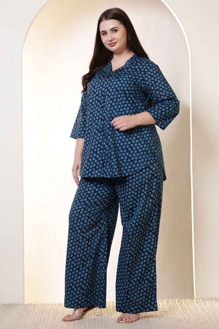 Plus Size Navy & Teal Polka Print Cotton Shirt Coord Set