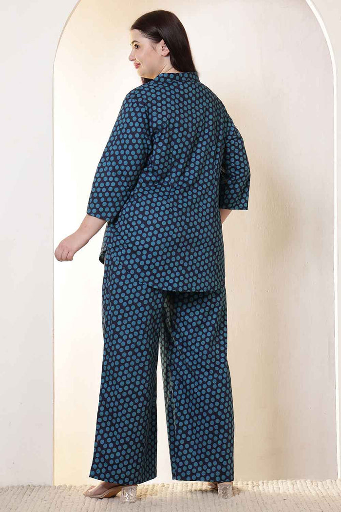 Plus Size Navy & Teal Polka Print Cotton Shirt Coord Set