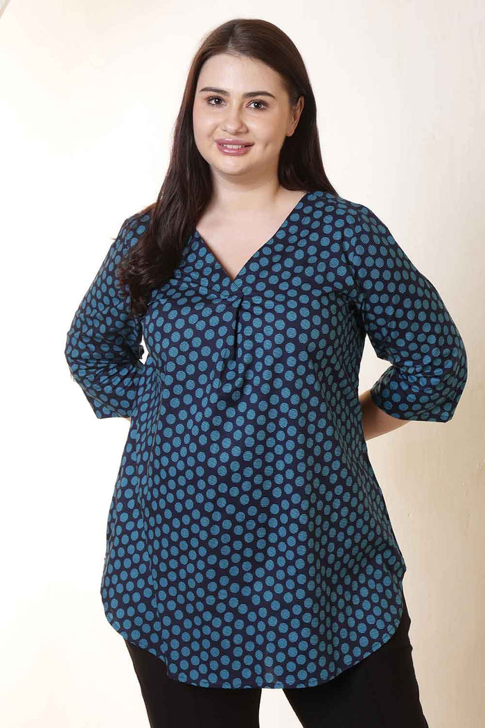 Plus Size Navy & Teal Polka Print V Neck Cotton Top