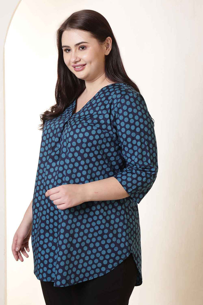 Plus Size Navy & Teal Polka Print V Neck Cotton Top