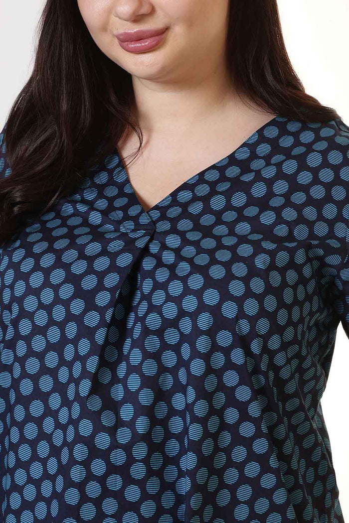 Plus Size Navy & Teal Polka Print V Neck Cotton Top
