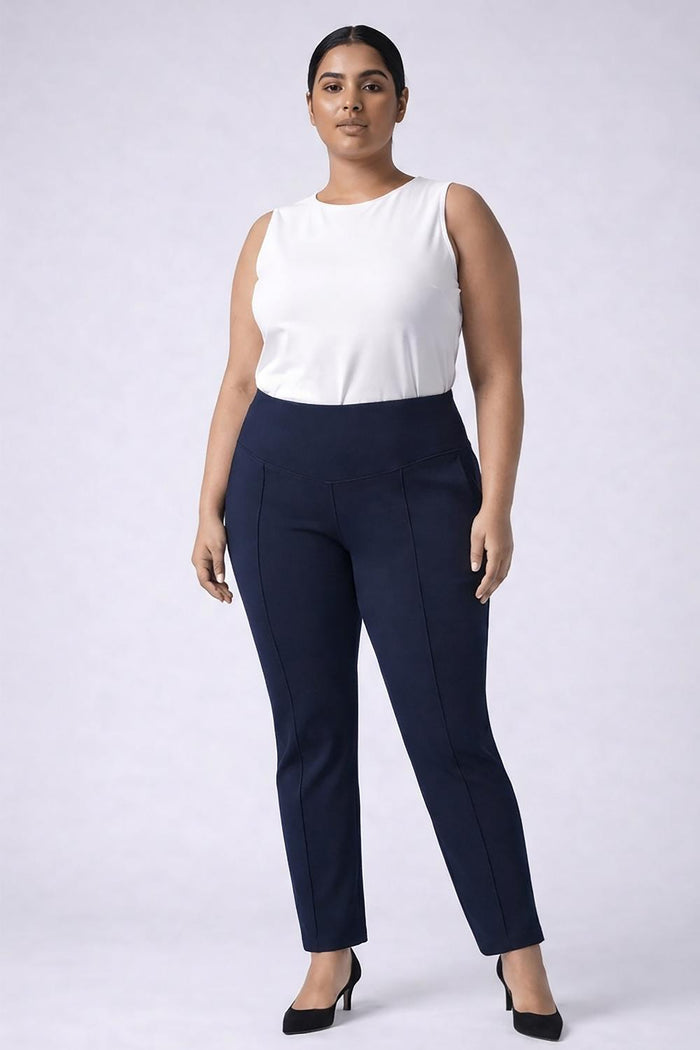 Plus Size Navy Tummy Shaper Straight Fit Pants