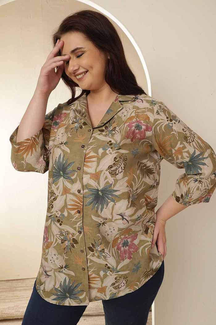 Plus Size Olive Floral Print Cuban Collar Cotton Shirt