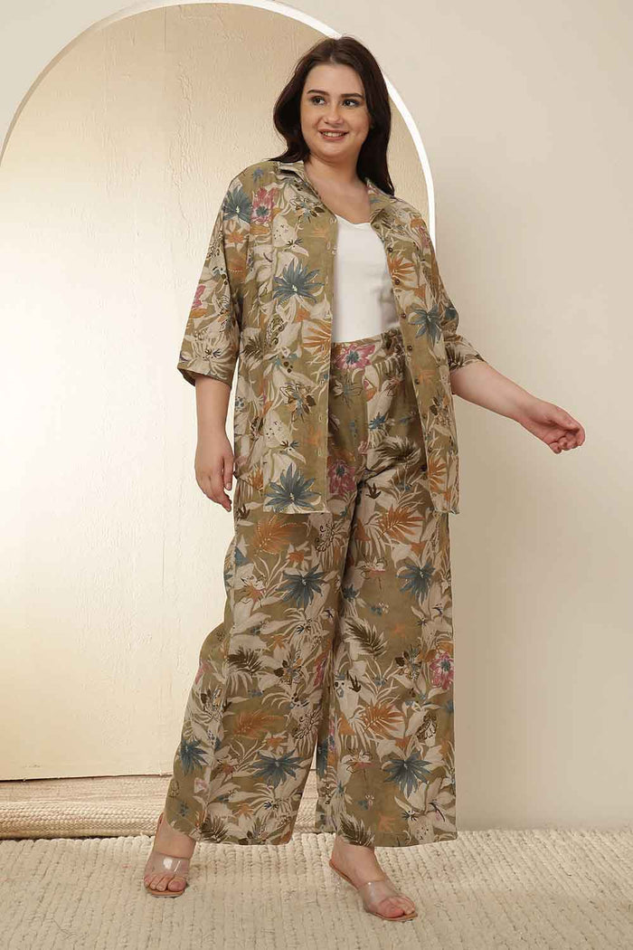 Plus Size Olive Floral Print Shirt Coord Set
