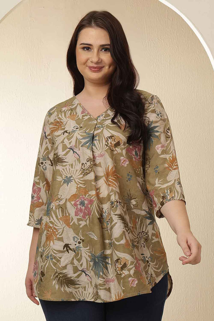 Plus Size Olive Floral Print  V Neck Top