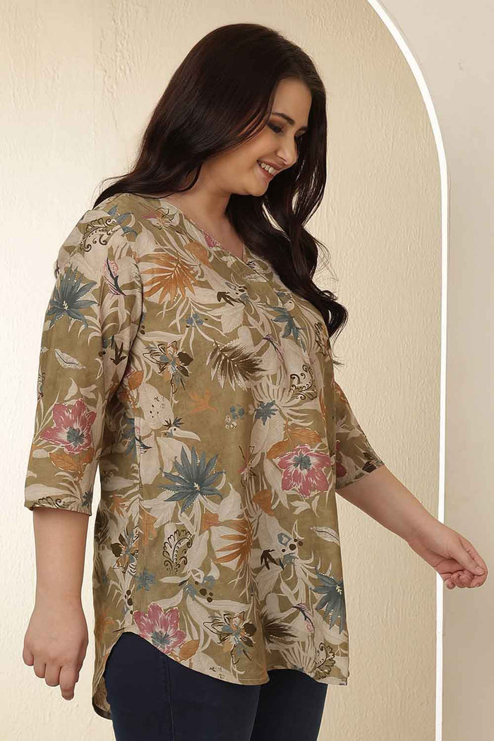 Plus Size Olive Floral Print  V Neck Top