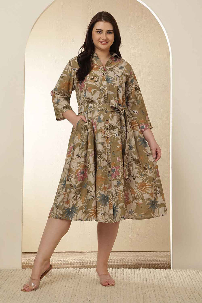 Plus Size Olive Floral Rayon Muslin Shirt Dress