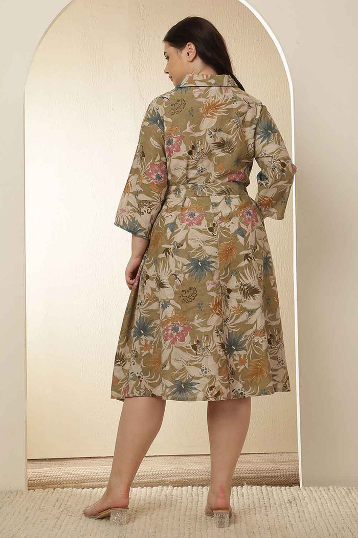 Plus Size Olive Floral Rayon Muslin Shirt Dress