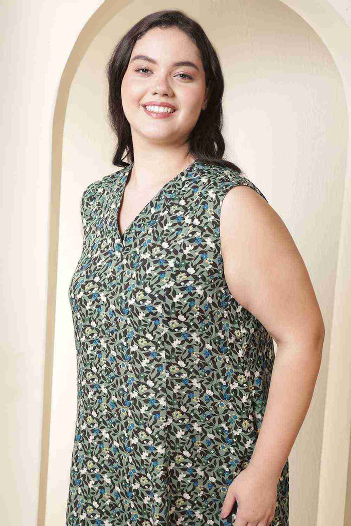 Plus Size Olive Floral Sleeveless Cotton Midi Dress