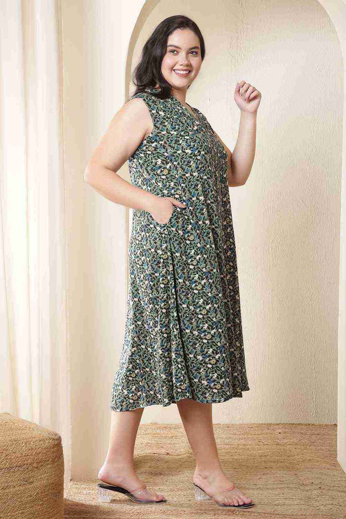 Plus Size Olive Floral Sleeveless Cotton Midi Dress