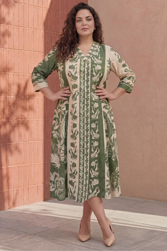 Plus Size Olive Grace Printed Cotton Midi Dress