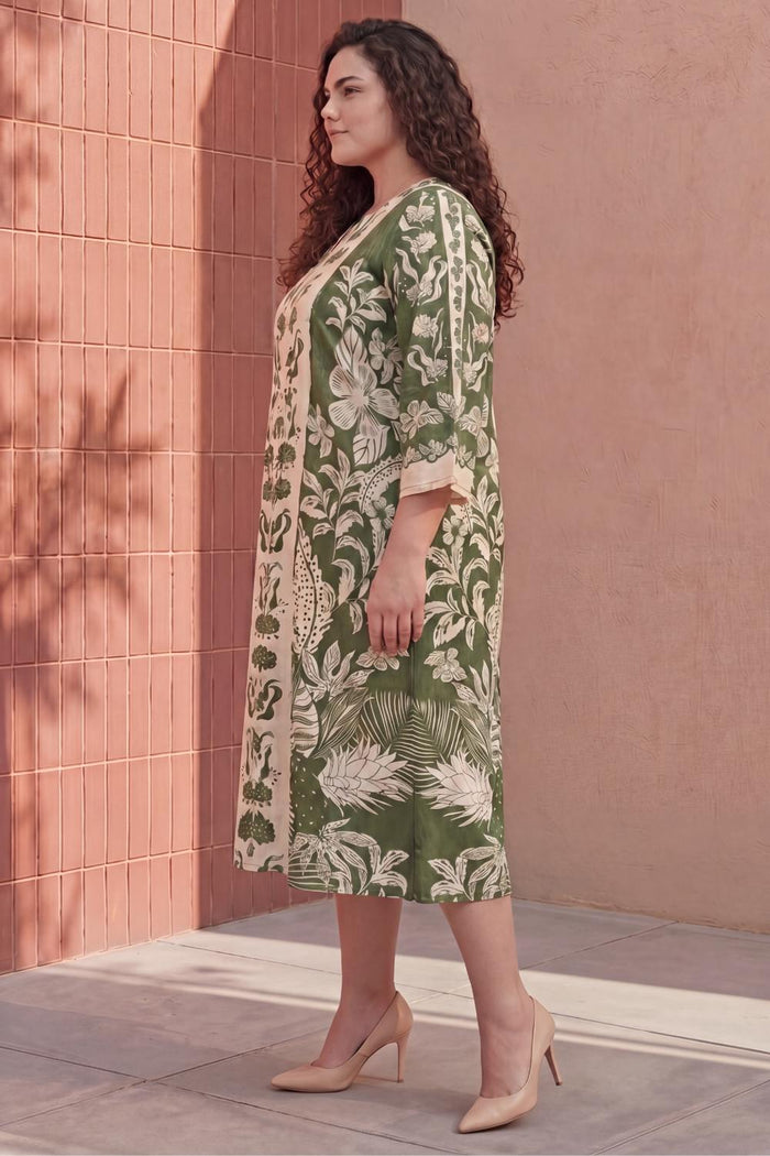 Plus Size Olive Grace Printed Cotton Midi Dress