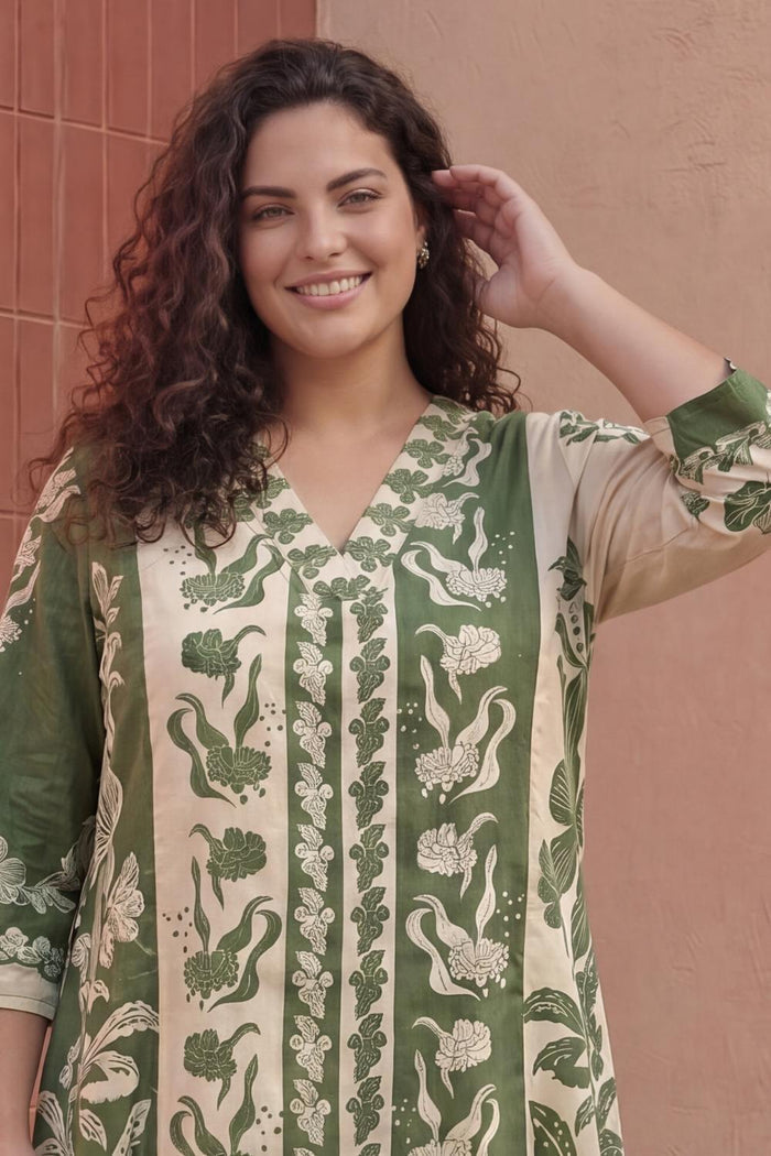 Plus Size Olive Grace Printed Cotton Midi Dress