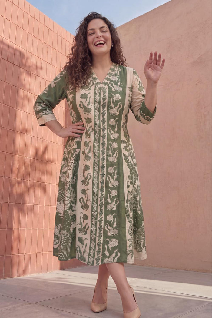 Plus Size Olive Grace Printed Cotton Midi Dress