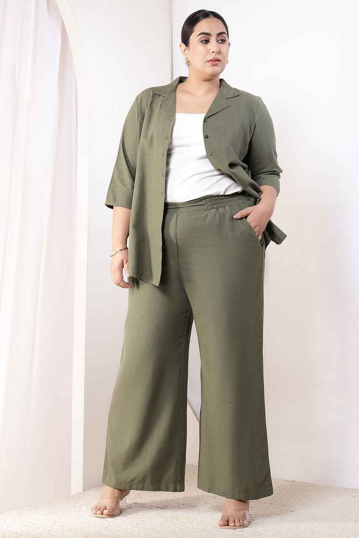 Plus Size Olive Green Cotton Linen High Waist Pants