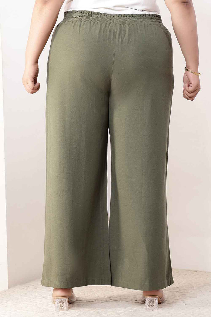 Plus Size Olive Green Cotton Linen High Waist Pants