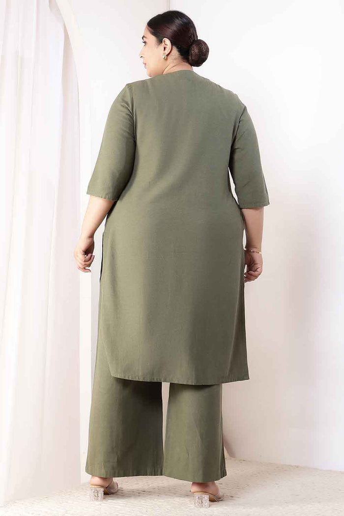 Plus Size Olive Green Cotton Linen Kurta Coord Set