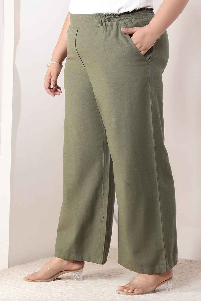 Plus Size Olive Green Cotton Linen Kurta Coord Set
