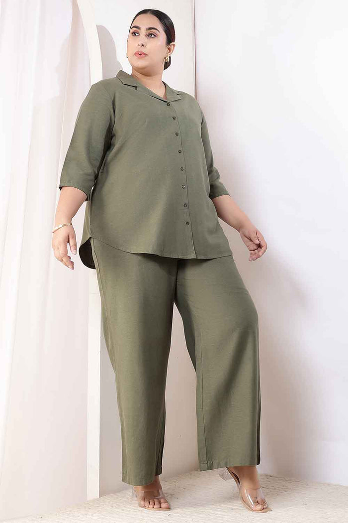 Plus Size Olive Green Cotton Linen Shirt Coord Set