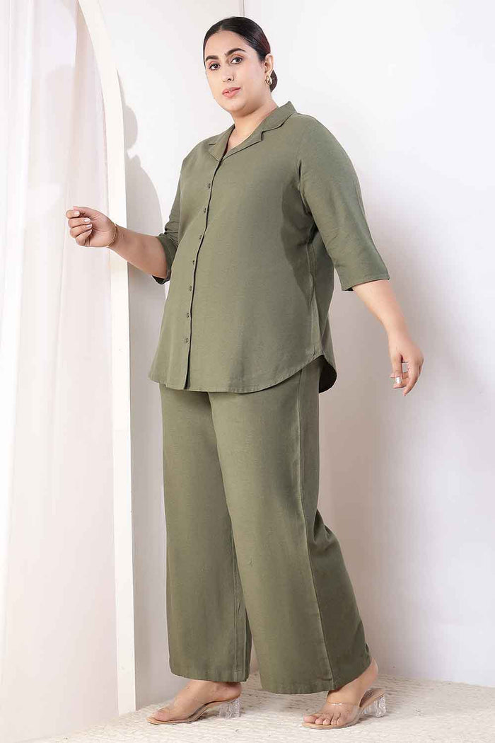 Plus Size Olive Green Cotton Linen Shirt Coord Set