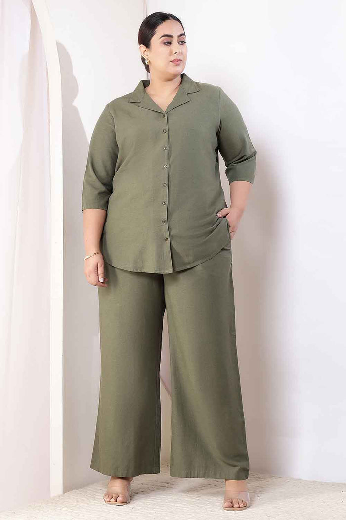 Plus Size Olive Green Cotton Linen Shirt Coord Set