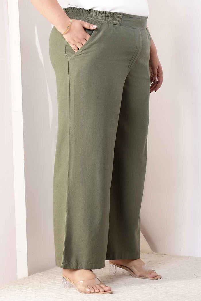 Plus Size Olive Green Cotton Linen Shirt Coord Set