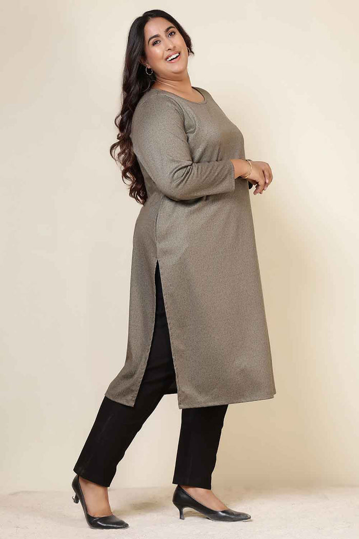 Plus Size Olive Green Round Neck SnugWeave™ Winter Kurta