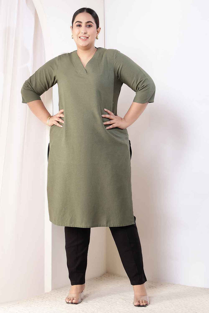 Plus Size Olive Green V-Neck Cotton Linen V Neck Kurta