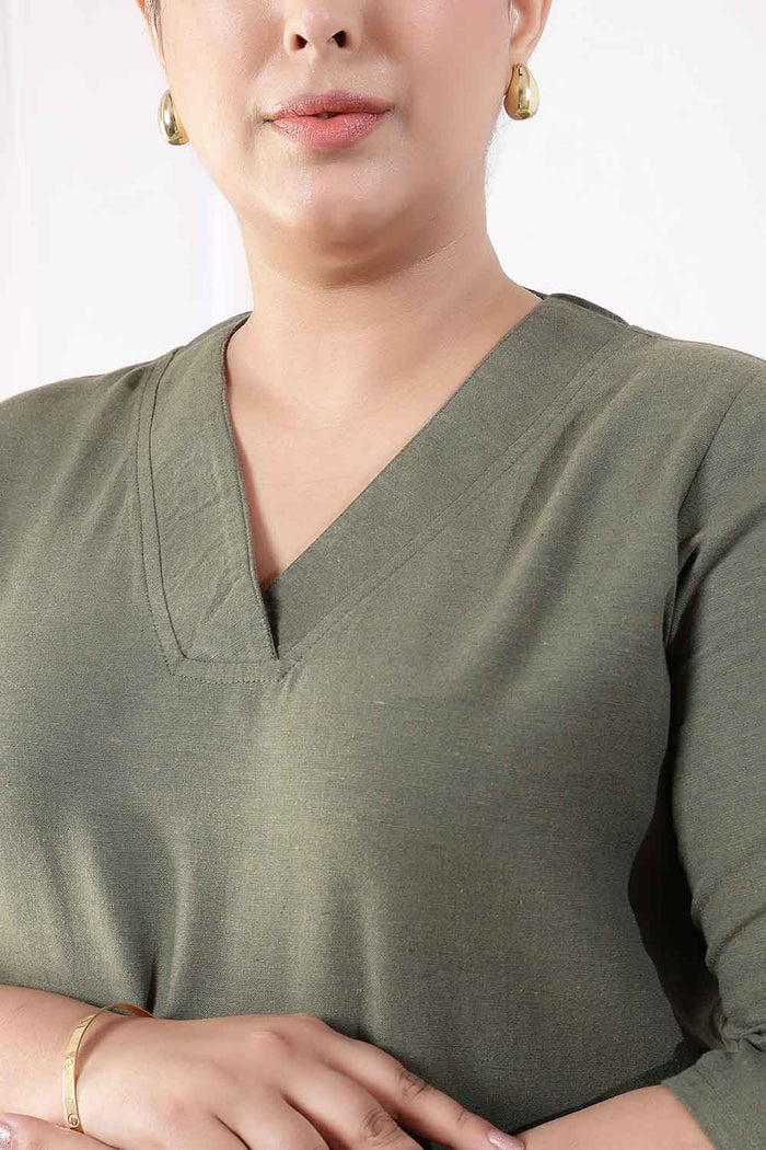 Plus Size Olive Green V-Neck Cotton Linen V Neck Kurta