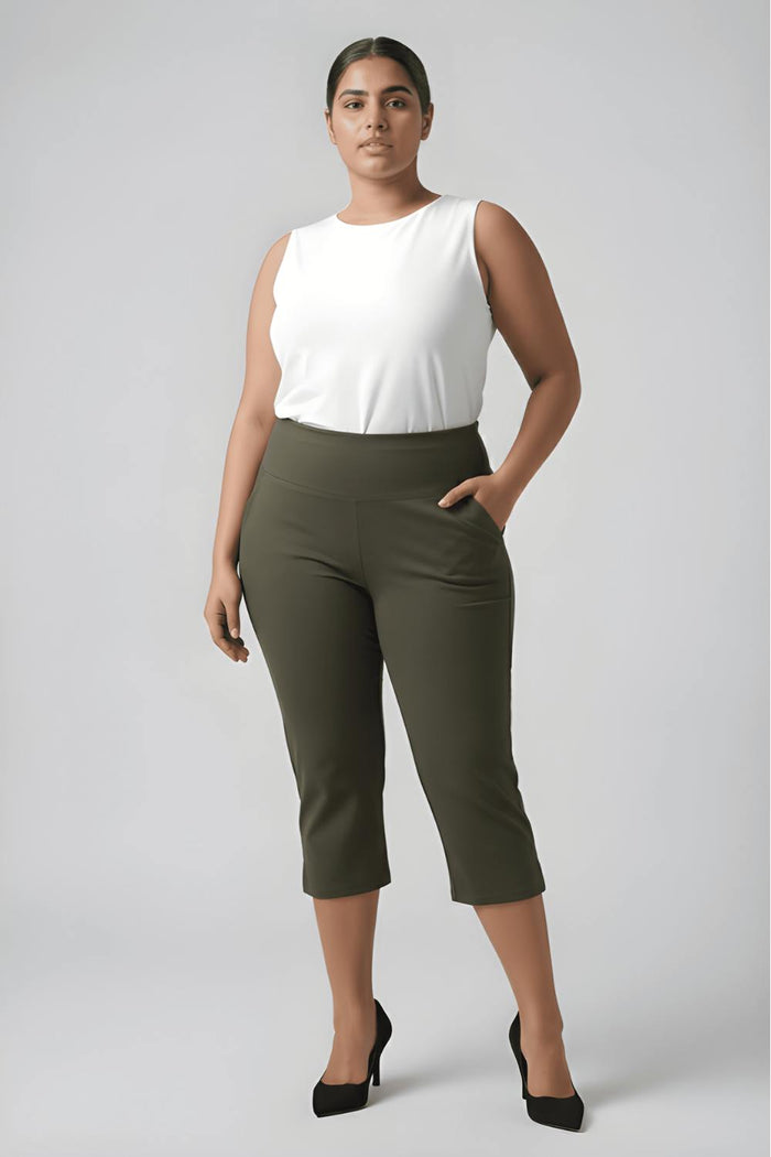 Plus Size Olive New Fit Tummy Tucker Crop Pants