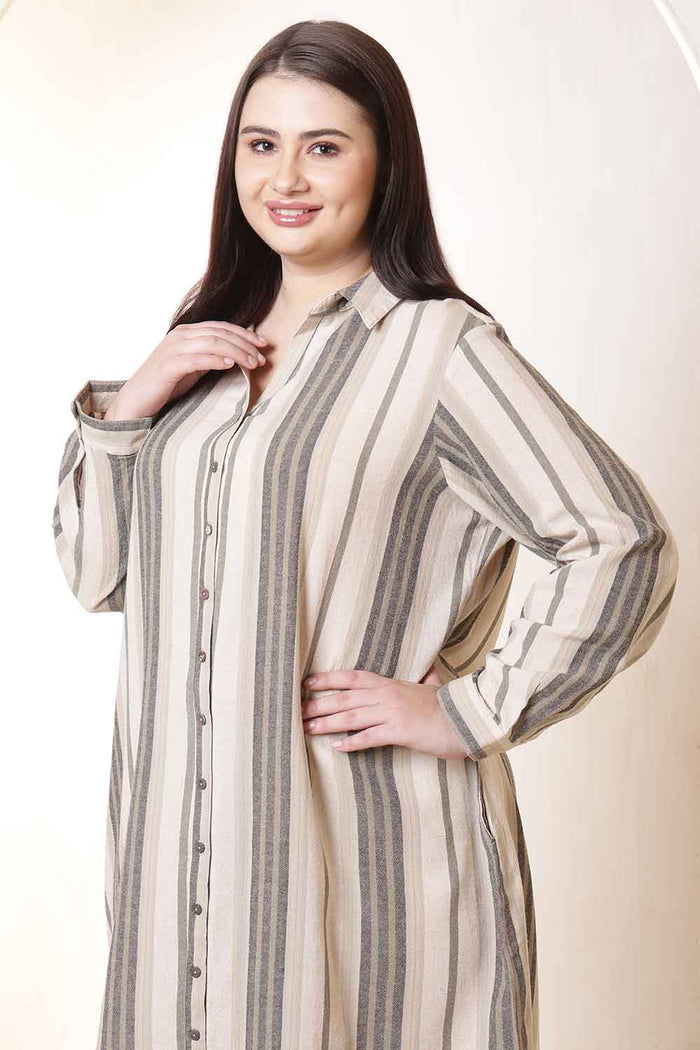 Plus Size Olive Striped Cotton Shirt Dress