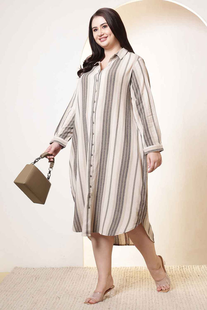 Plus Size Olive Striped Cotton Shirt Dress