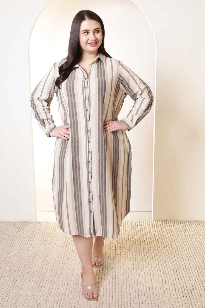 Plus Size Olive Striped Cotton Shirt Dress