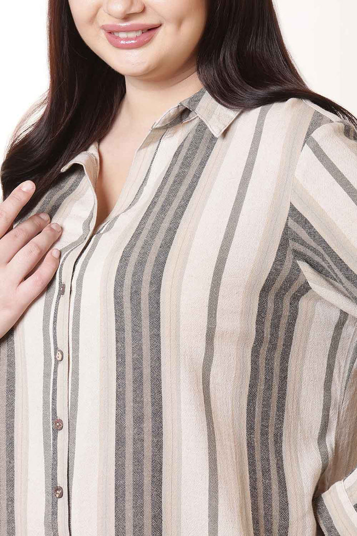Plus Size Olive Striped Cotton Shirt Dress