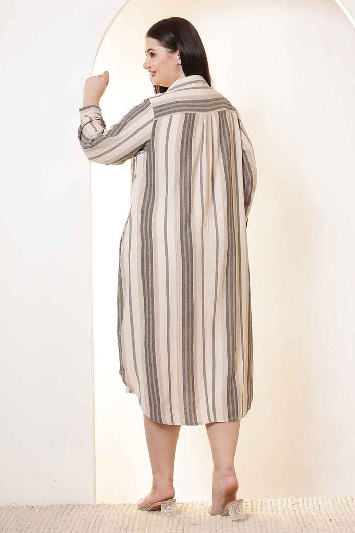 Plus Size Olive Striped Cotton Shirt Dress