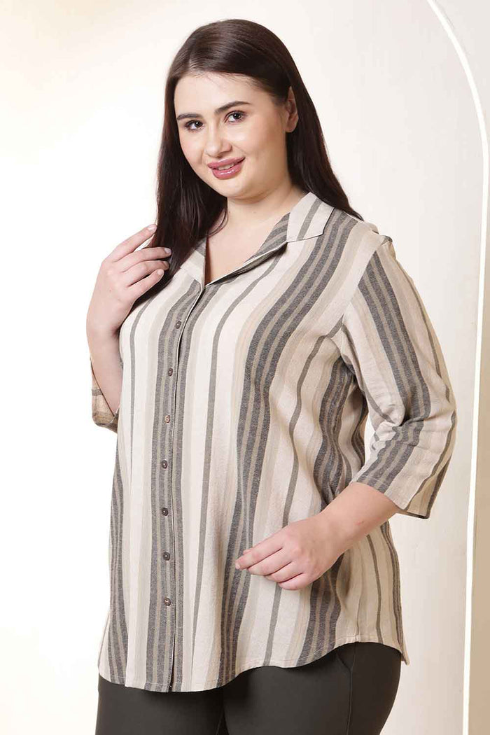 Plus Size Olive Striped Cuban Collar Cotton Shirt