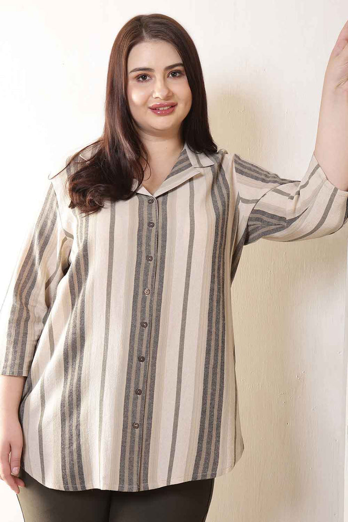 Plus Size Olive Striped Cuban Collar Cotton Shirt
