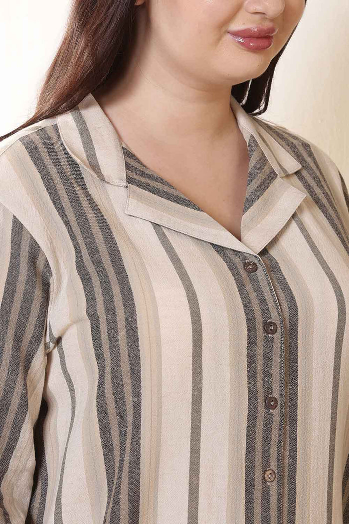 Plus Size Olive Striped Cuban Collar Cotton Shirt